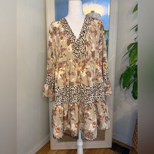 Entro Floral and Animal Print Dress Cream and Brown